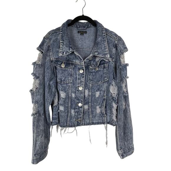Kroix Women's Size 3x Distressed Denim Jean Jacket Raw‎ Hem Embellished - Picture 1 of 7
